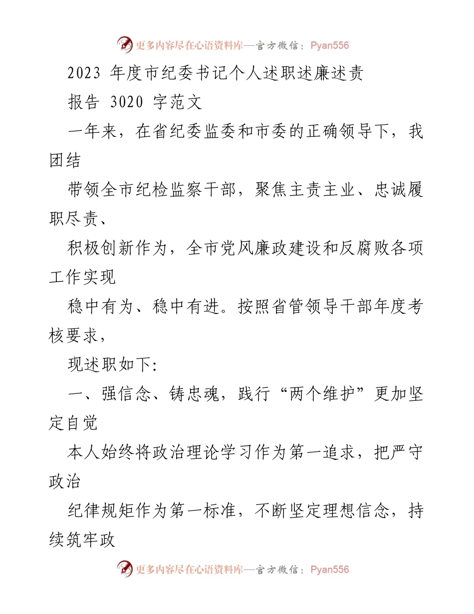 [述职报告] 纪委工作总结 - 2023年度市纪委书记述职述廉报告.docx_第1页