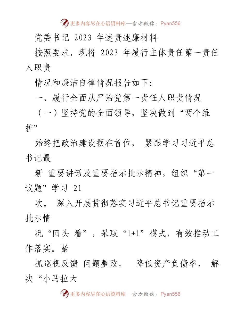 [述责述廉材料] 党委书记述责会 - 2023年全面从严治党责任履行与廉洁自律报告.docx_第1页