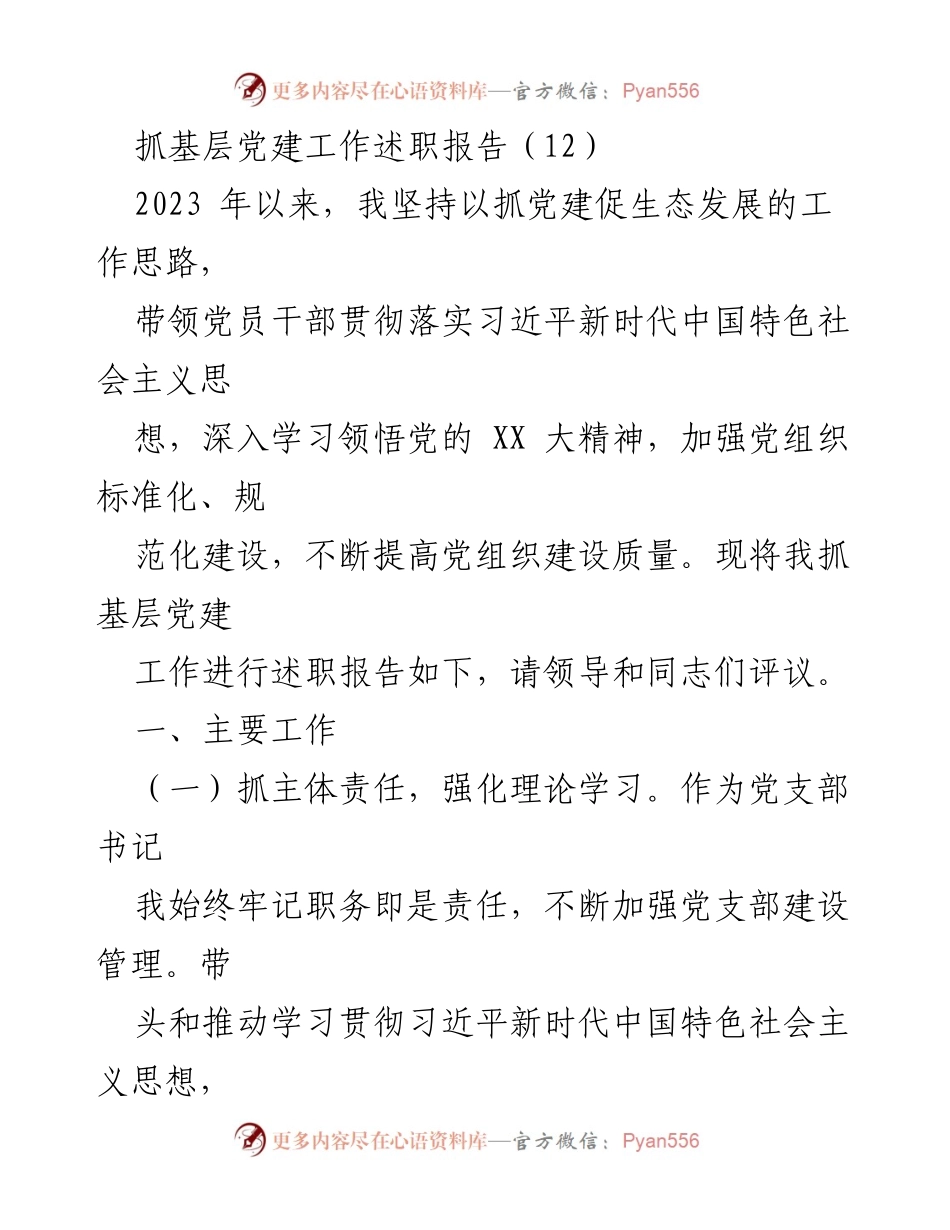 [述职报告] 基层党建工作 - 2023年基层党建工作述职报告_9.docx_第1页