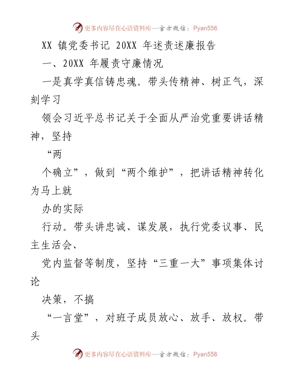 [述责述廉报告] XX 镇党委书记 - 20XX 年度履责守廉情况总结与整改方向.docx_第1页