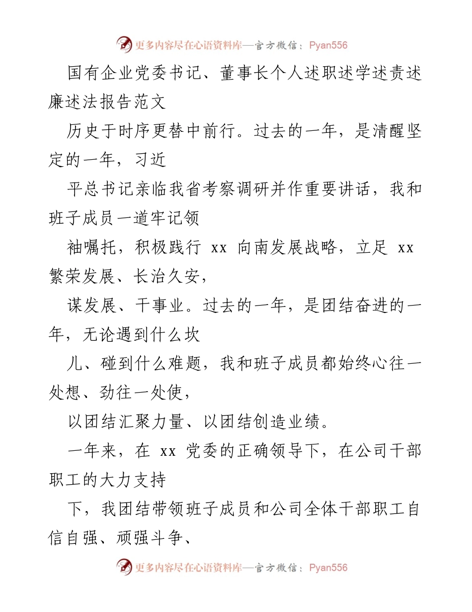 [述职报告] 国有企业年度总结 - 国有企业党委书记述职报告：坚定前行，推动发展.docx_第1页