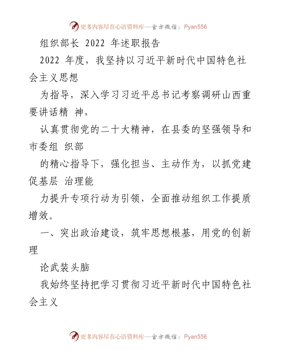 [述职报告] 组织工作总结 - 2022年度组织部长述职报告.docx_第1页