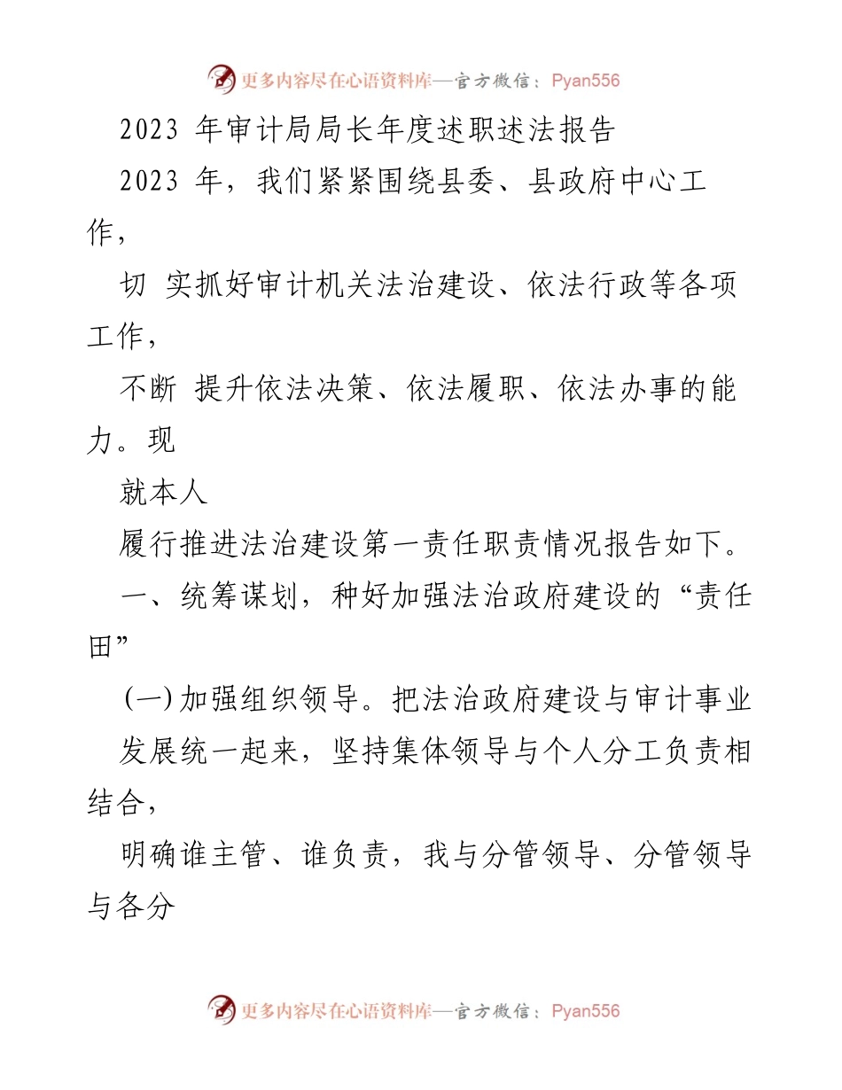 [述职报告] 年度工作总结 - 2023年审计局局长法治建设述职报告.docx_第1页