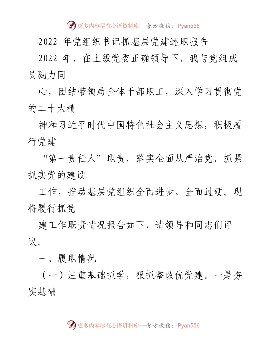[述职报告] 年度工作总结 - 2022年党组织书记抓基层党建述职报告.docx_第1页