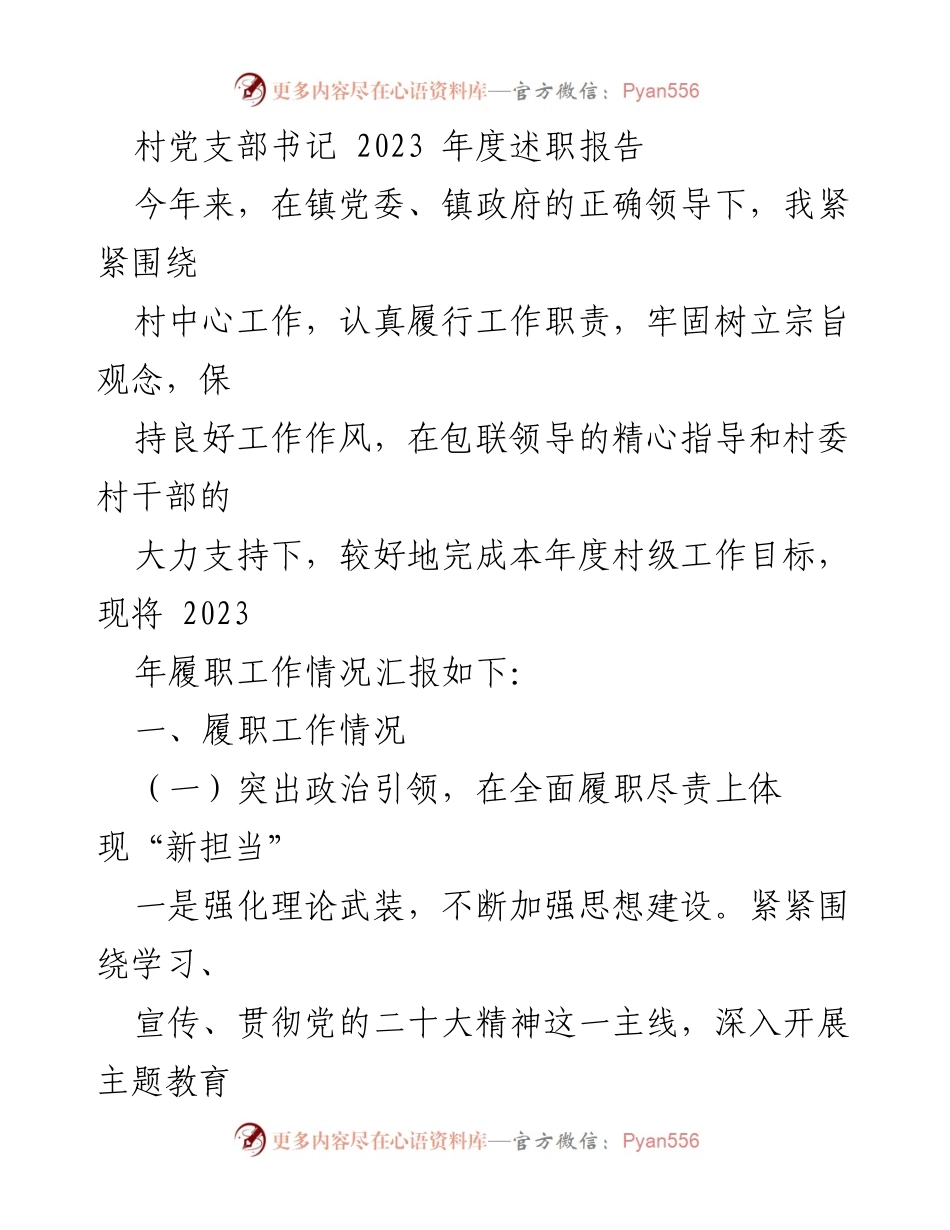 [述职报告] 村党支部 - 2023年度村党支部书记履职工作总结.docx_第1页