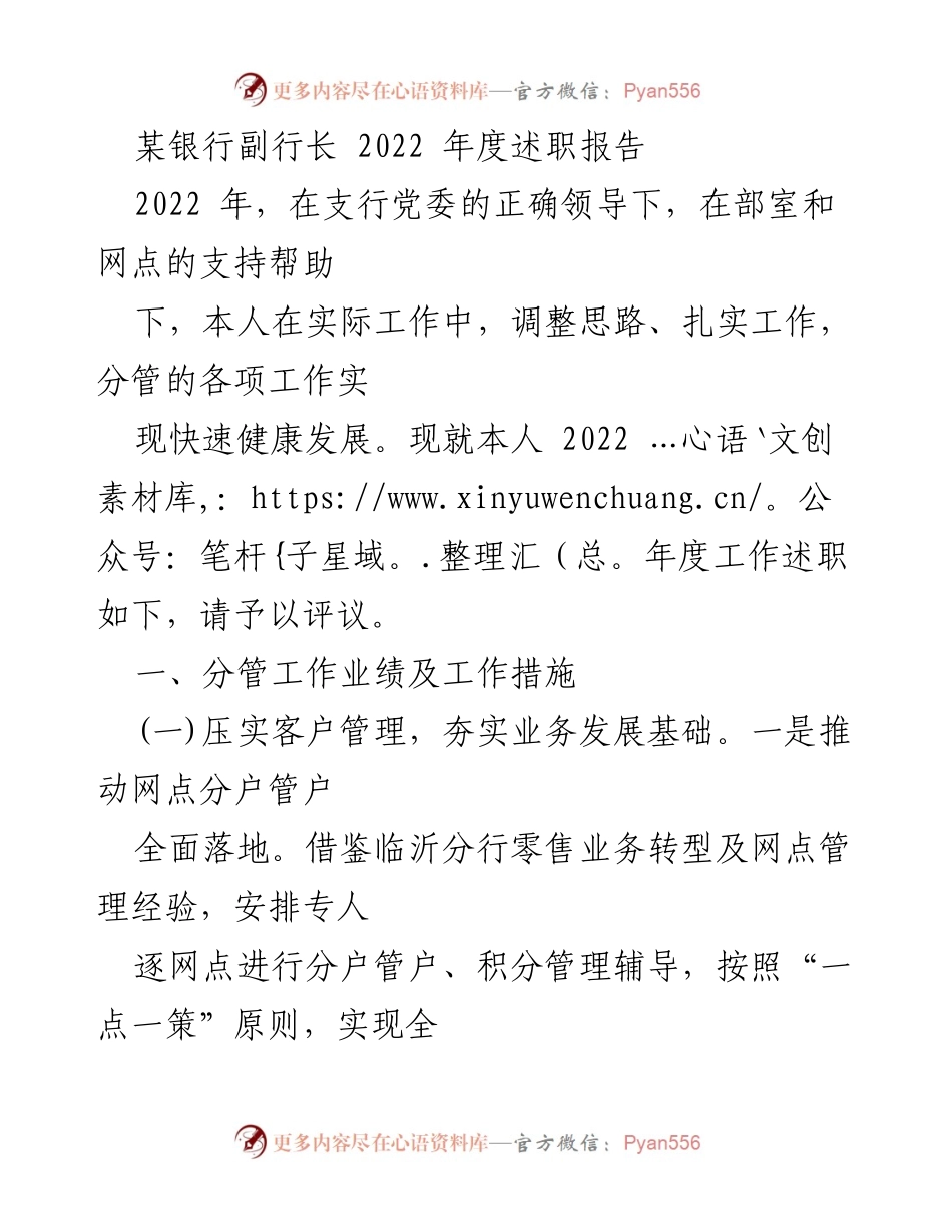 [述职报告] 银行年度总结 - 2022年度副行长工作述职报告.docx_第1页