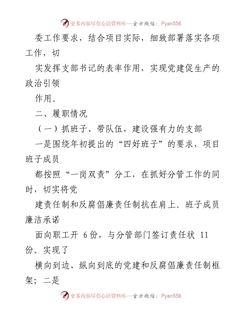 [述职报告] 项目党支部 - 2017年项目党支部书记履职情况总结.docx_第2页