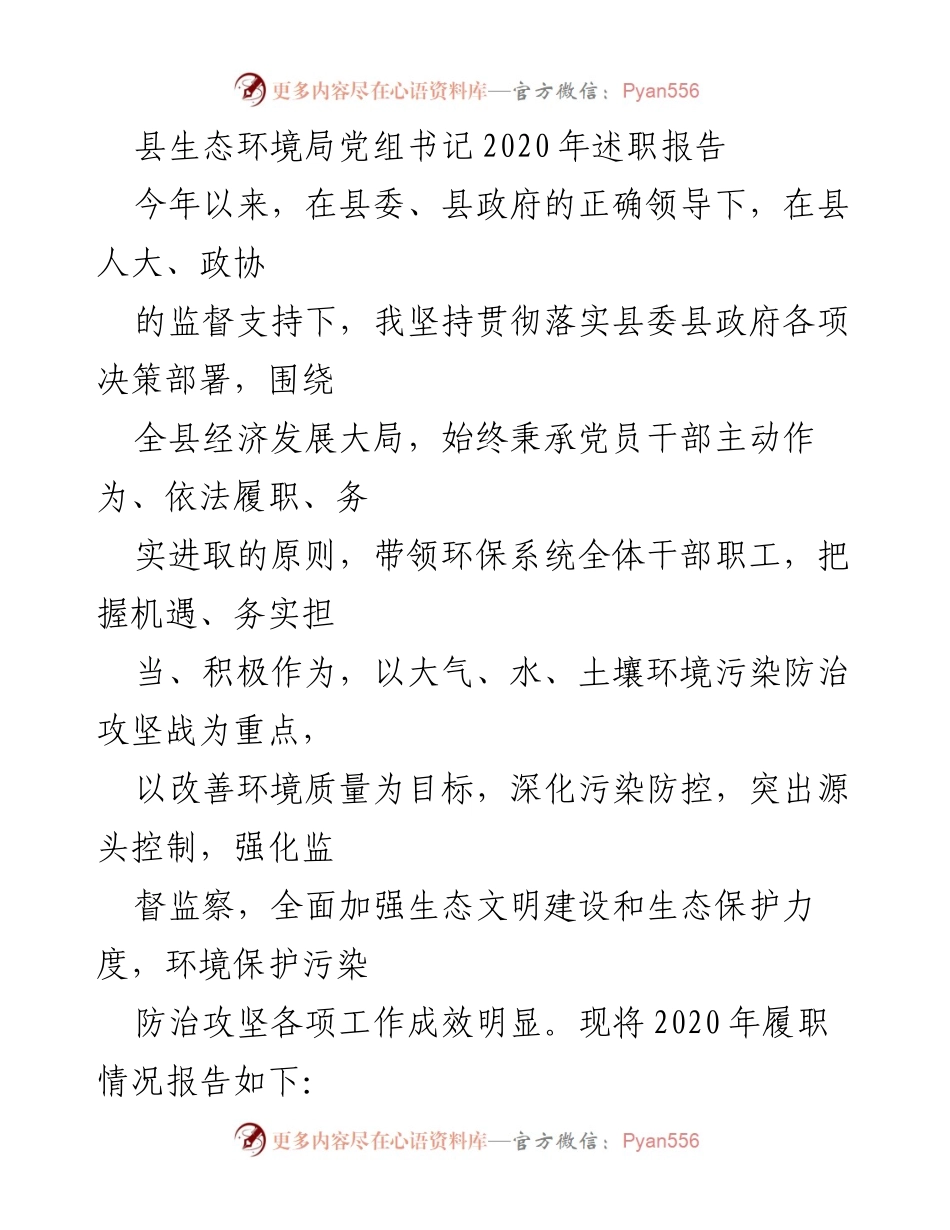 [述职报告] 生态环境局 - 2020年度生态环境工作履职总结报告.docx_第1页