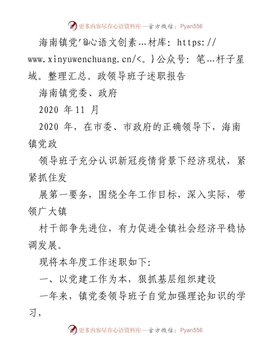 [述职报告] 海南镇党政领导班子 - 2020年海南镇党政领导班子年度工作述职报告.docx_第1页