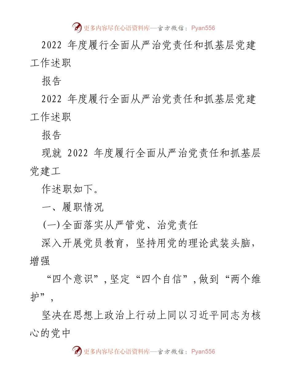 [述职报告] 年度总结 - 2022年度全面从严治党责任履行与基层党建工作述职报告.docx_第1页