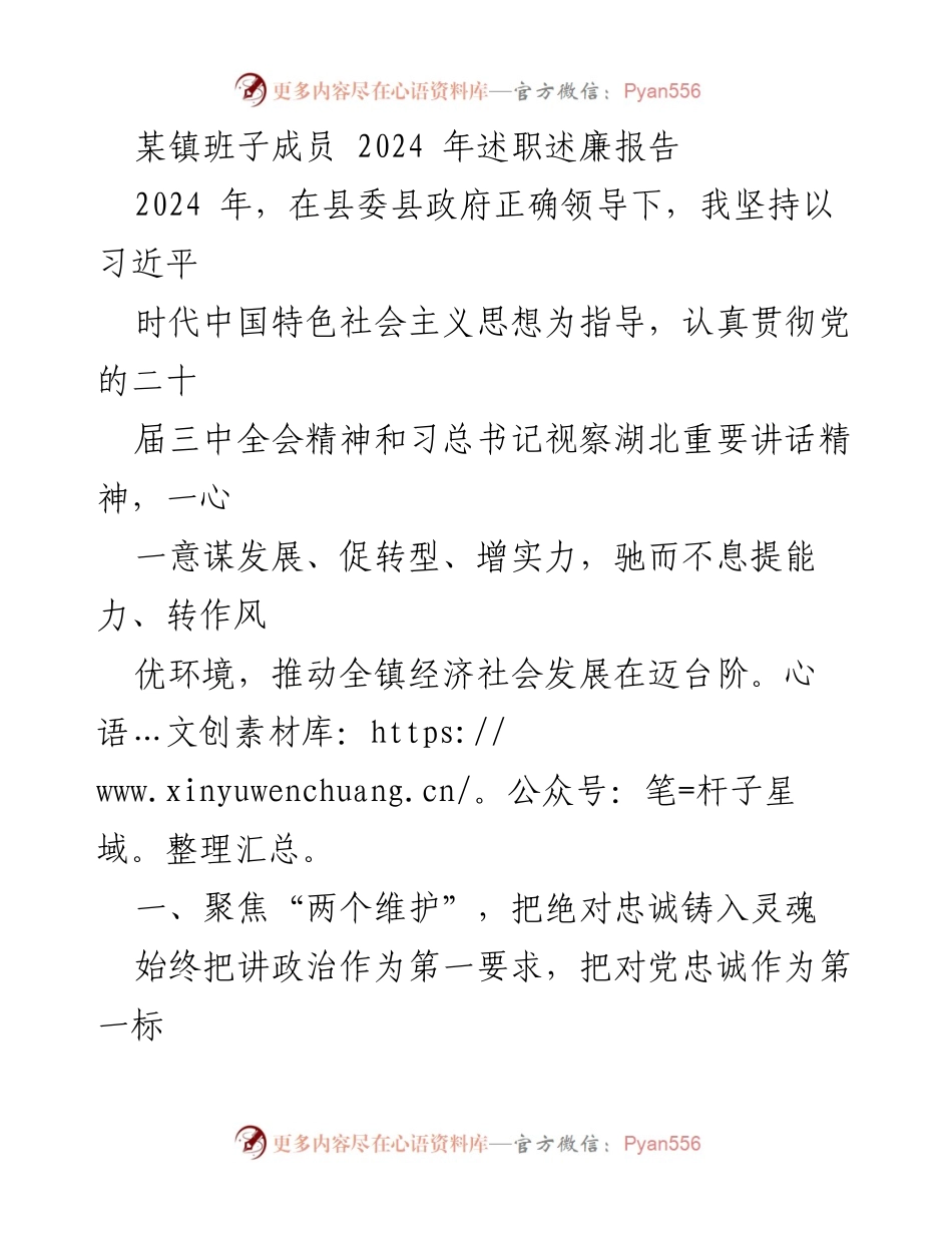 [述职报告] 镇班子成员 - 2024年度述职述廉报告总结与发展展望.docx_第1页