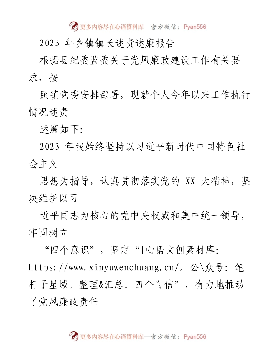 [述责述廉报告] 乡镇政府 - 2023年乡镇镇长述责述廉报告.docx_第1页