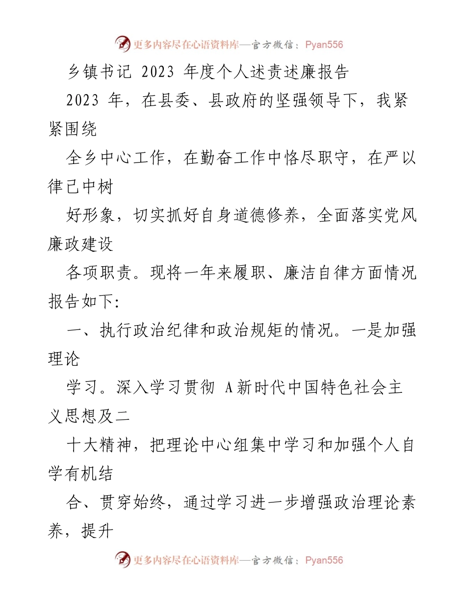 [述责述廉报告] 乡镇书记年度工作总结 - 2023年度个人述责述廉报告.docx_第1页