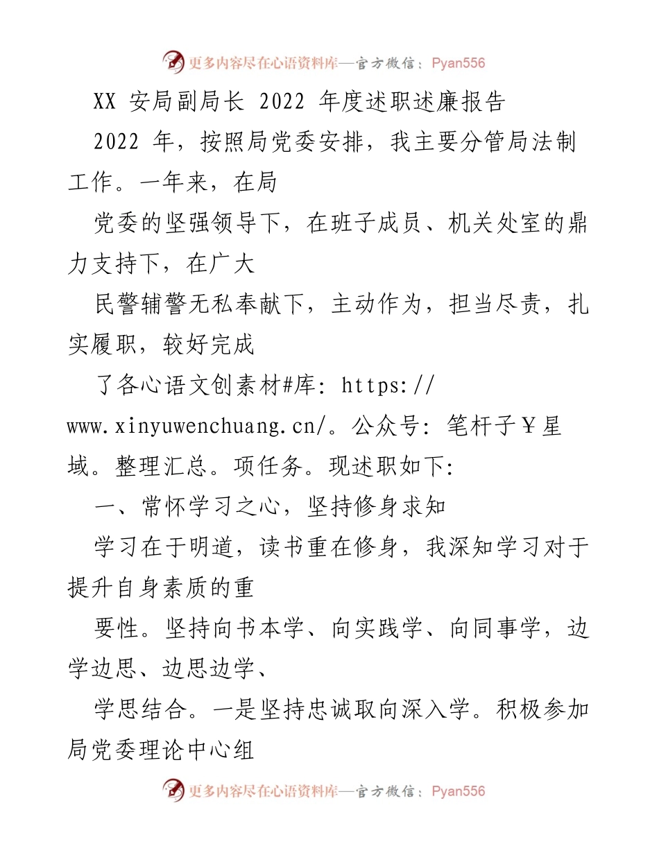 [述职报告] 年度总结 - XX安局副局长2022年度述职述廉报告.docx_第1页