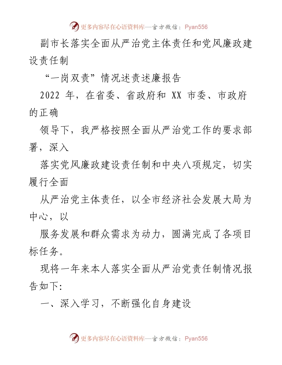 [述责述廉报告] 政府工作 - 副市长全面从严治党责任落实情况报告.docx_第1页