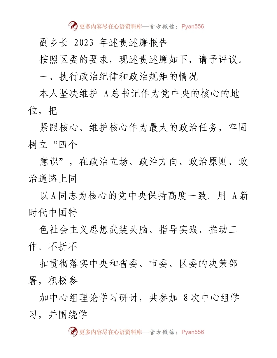 [述责述廉报告] 乡镇政府 - 副乡长2023年述责述廉报告.docx_第1页