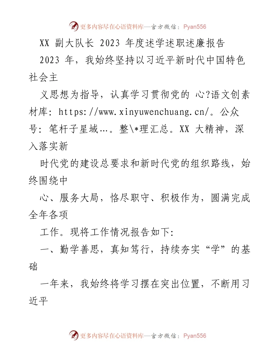 [述职报告] 年度总结 - XX副大队长2023年度述学述职述廉报告.docx_第1页