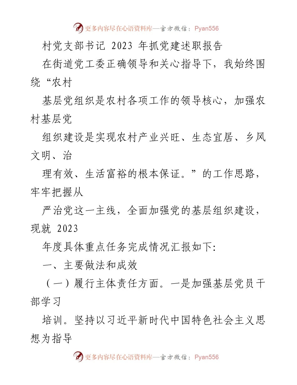 [述职报告] 村党支部 - 2023年度党建工作成效与总结.docx_第1页