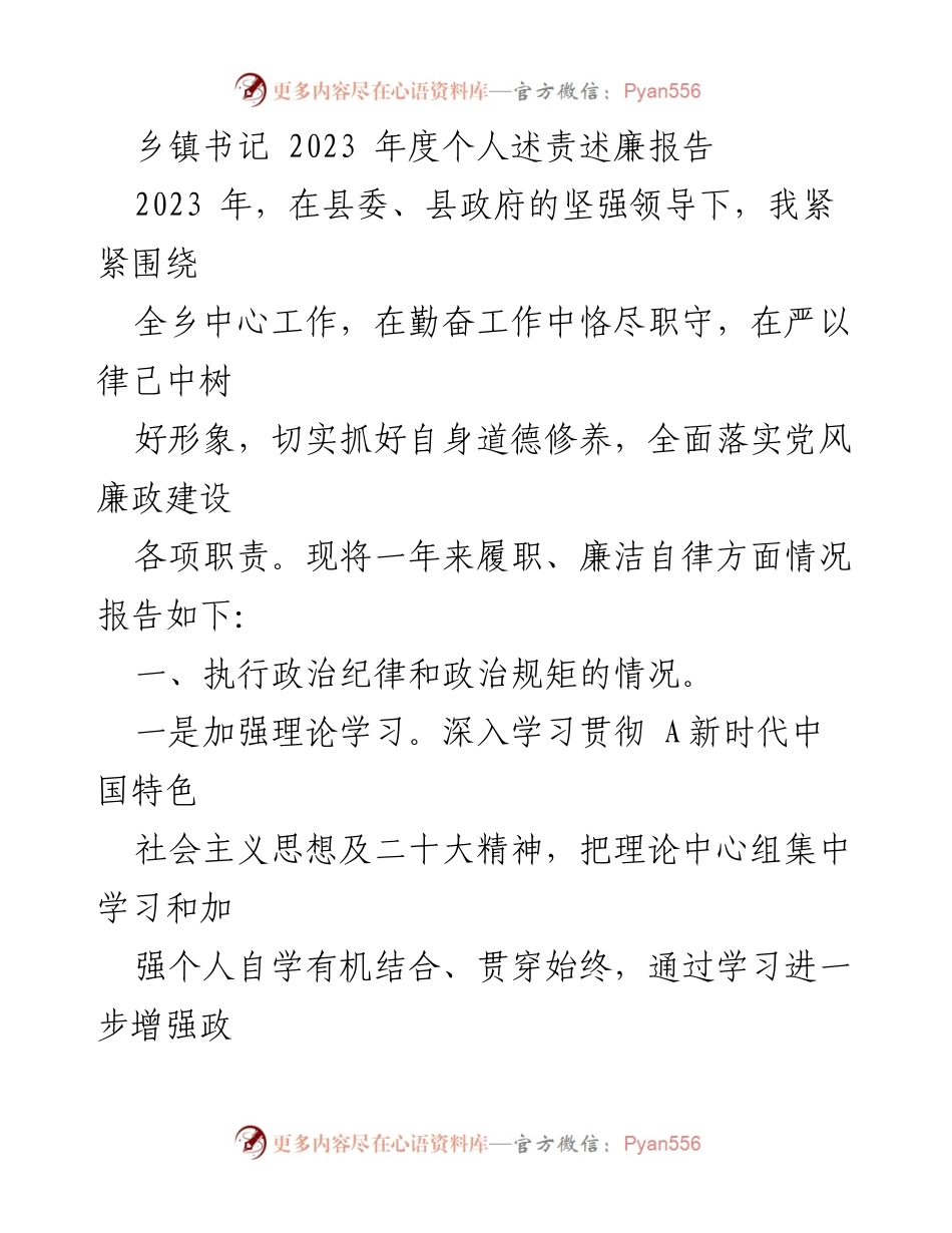 [述责述廉报告] 乡镇书记年度总结 - 2023年度个人述责述廉报告.docx_第1页
