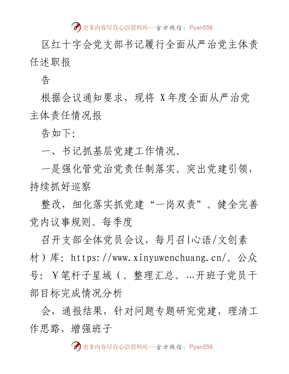[述职报告] 红十字会党支部 - 全面从严治党主体责任履行情况总结.docx_第1页