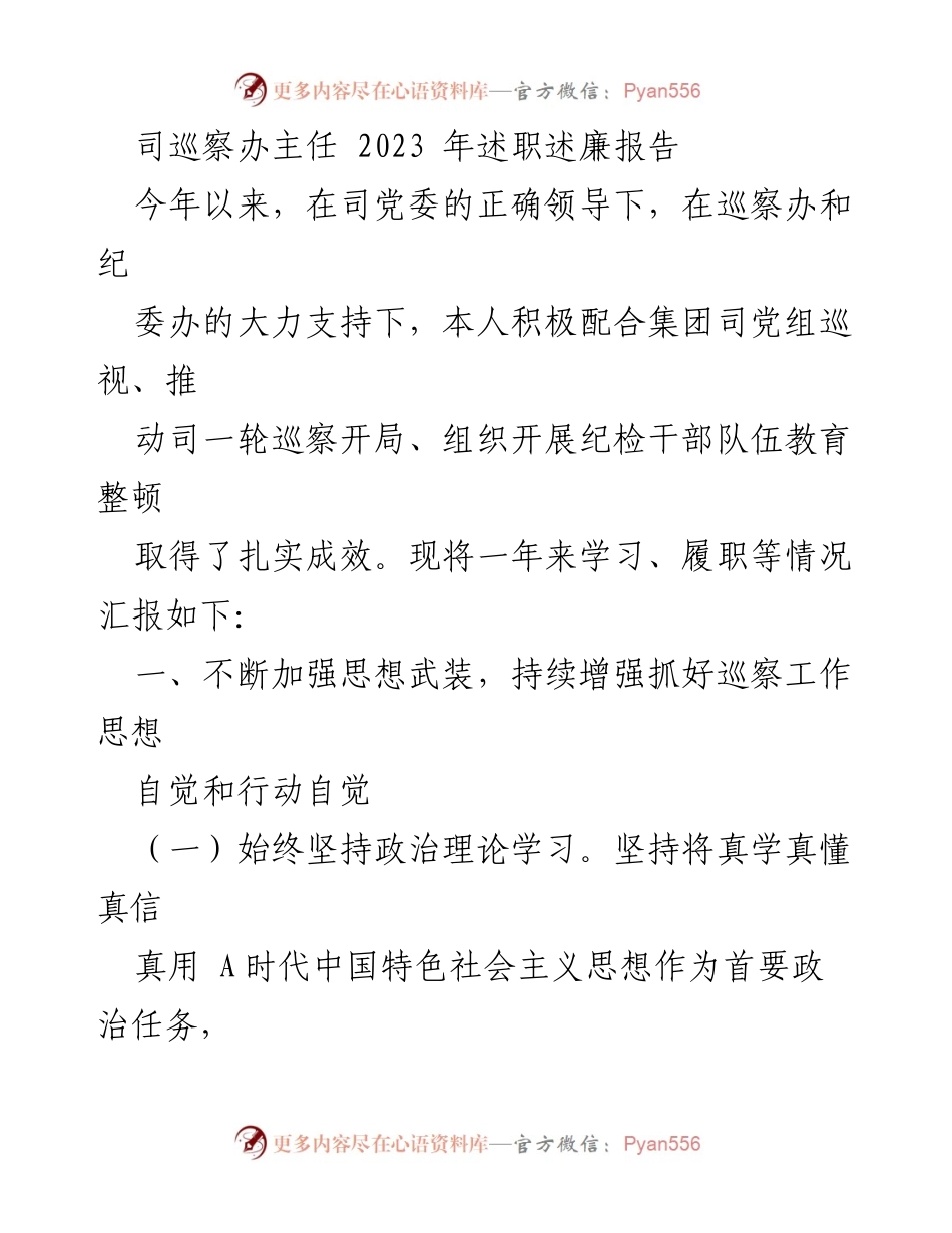 [述职报告] 述职场合 - 2023年司巡察办主任述职述廉报告.docx_第1页