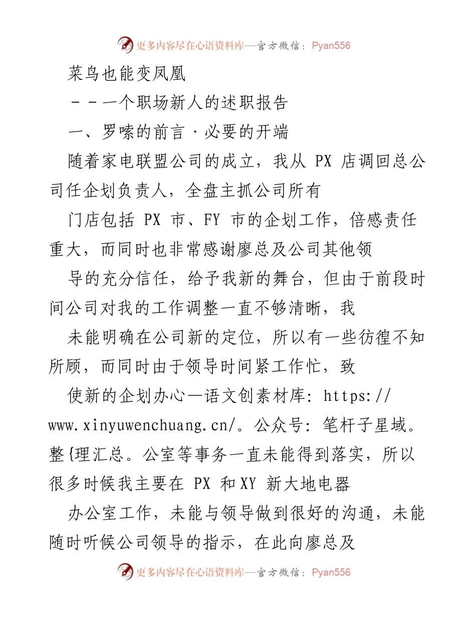 [述职报告] 职场新人 - 从菜鸟到凤凰：我的企划工作汇报.docx_第1页