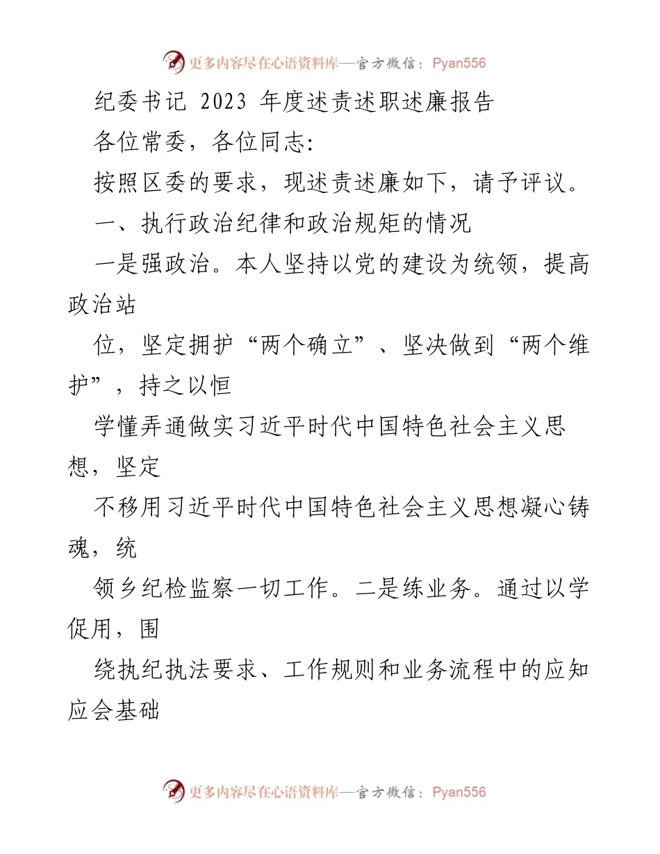 [述责述职述廉报告] 纪委工作会议 - 2023年度纪委书记述责述职述廉报告.docx_第1页