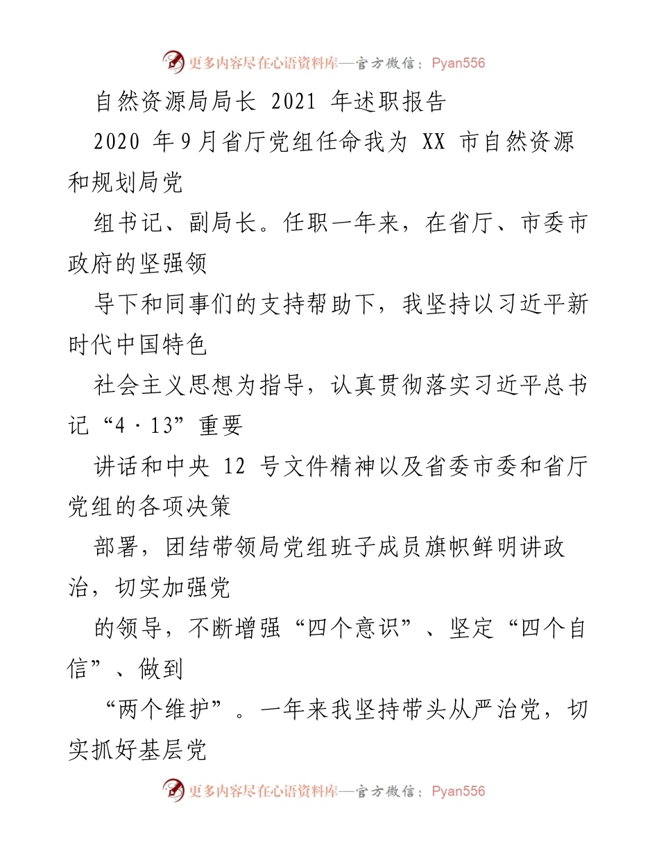 [述职报告] 自然资源局 - 2021年自然资源局局长述职报告.docx_第1页