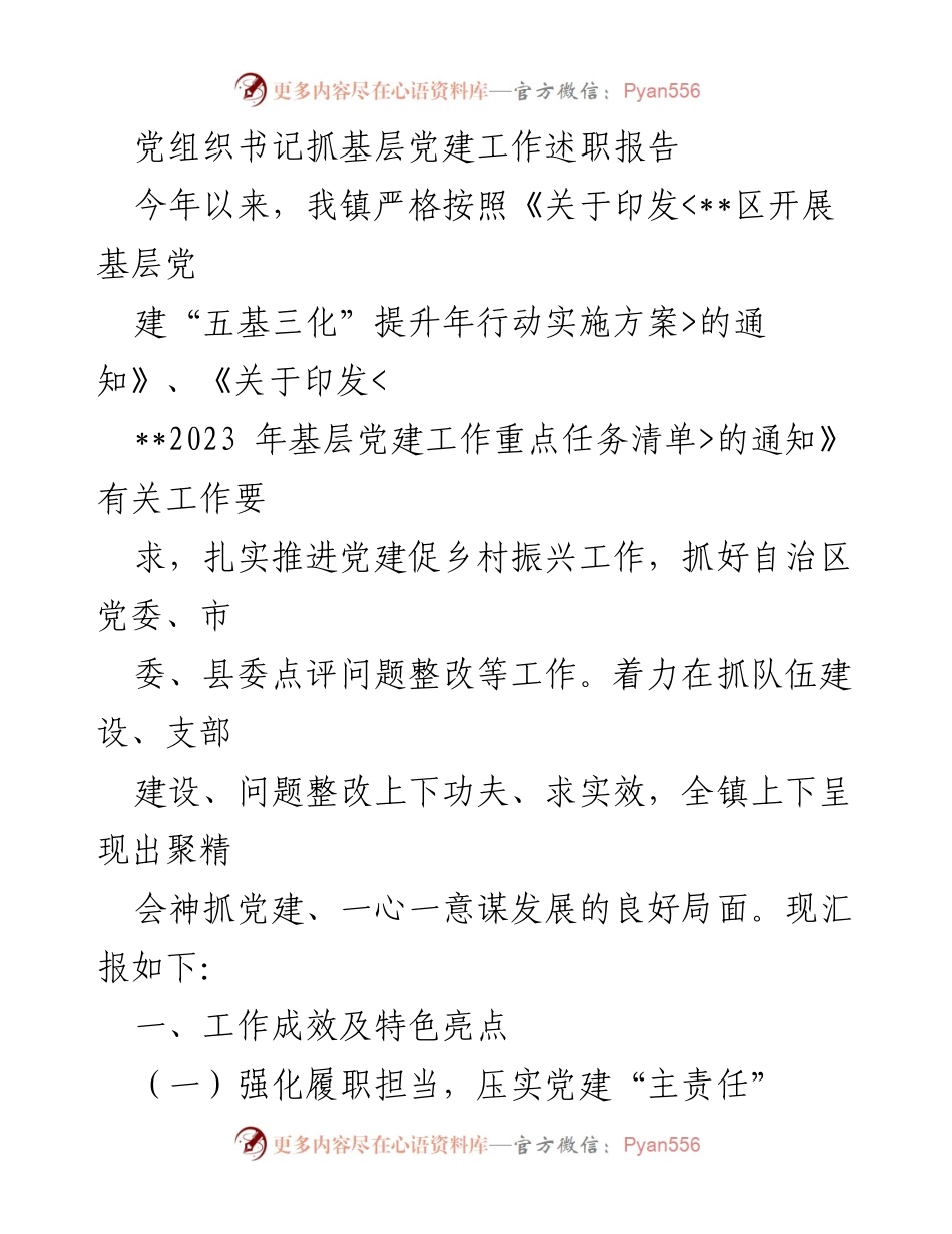 [述职报告] 基层党建工作 - 党组织书记述职报告：推动乡村振兴与党建融合的实践与成效.docx_第1页