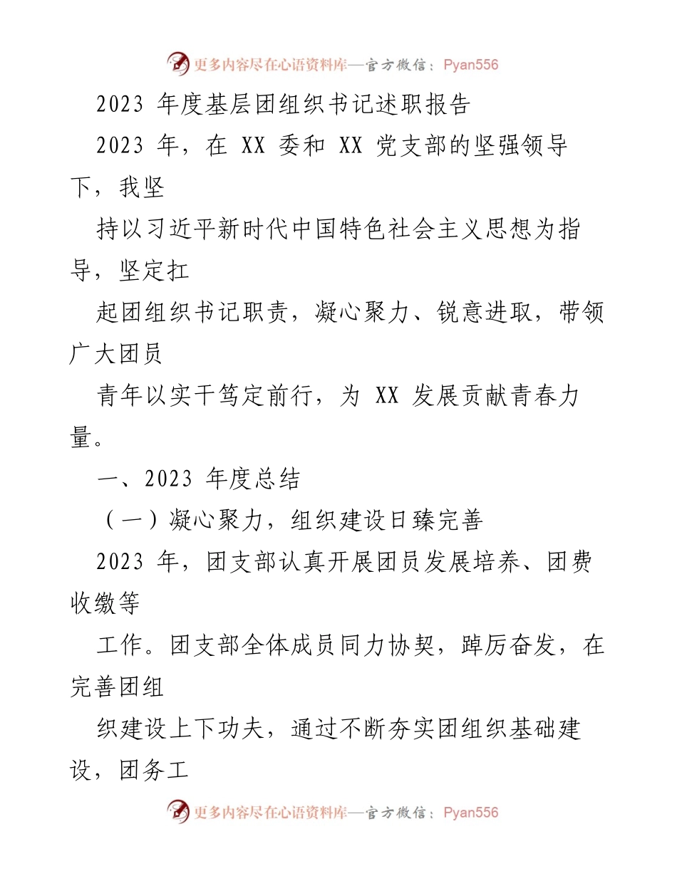 [述职报告] 基层团组织 - 2023年度团组织书记工作总结与反思.docx_第1页