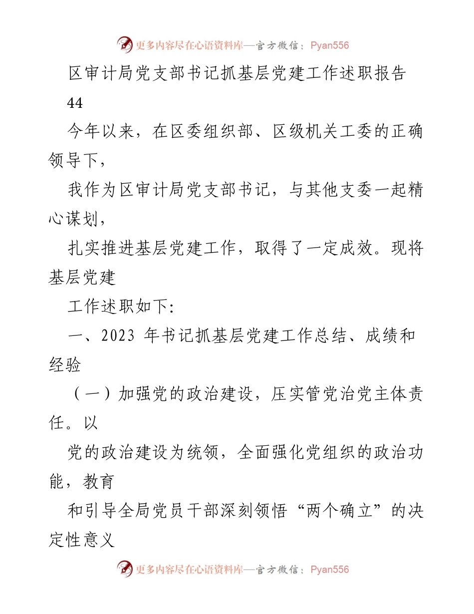 [述职报告] 基层党建工作 - 区审计局党支部书记抓基层党建工作述职报告.docx_第1页