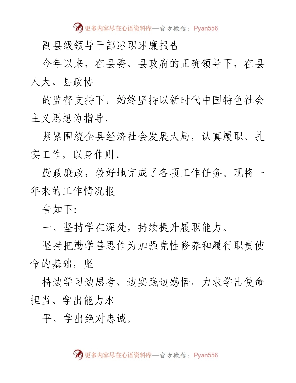 [述职述廉报告] 副县级领导干部述职 - 2023年度副县级领导干部工作总结与廉政建设报告.docx_第1页