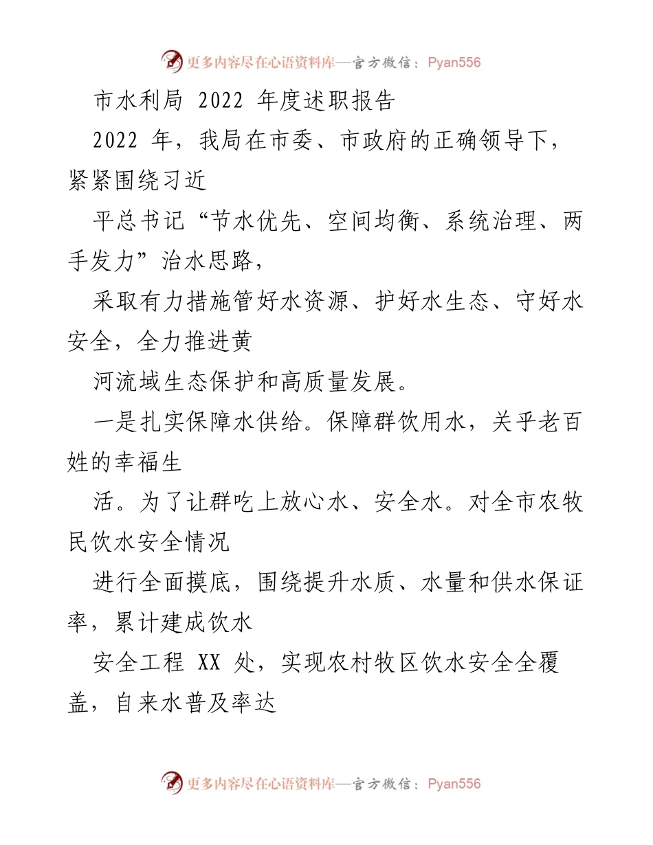 [述职报告] 水利局年度总结 - 2022年度水利局述职报告：保障水供给与水安全.docx_第1页