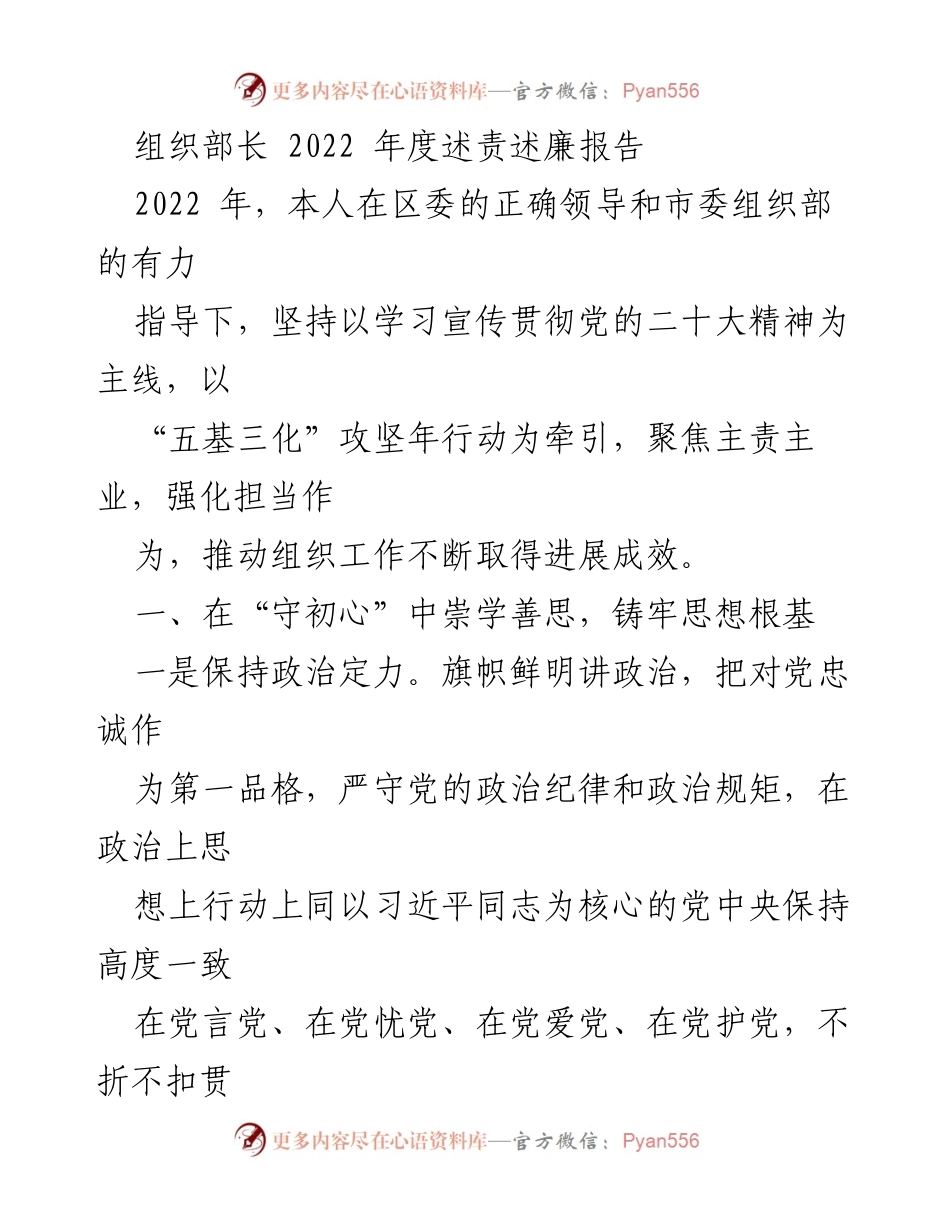 [述责述廉报告] 组织工作 - 2022年度组织部长述责述廉报告.docx_第1页