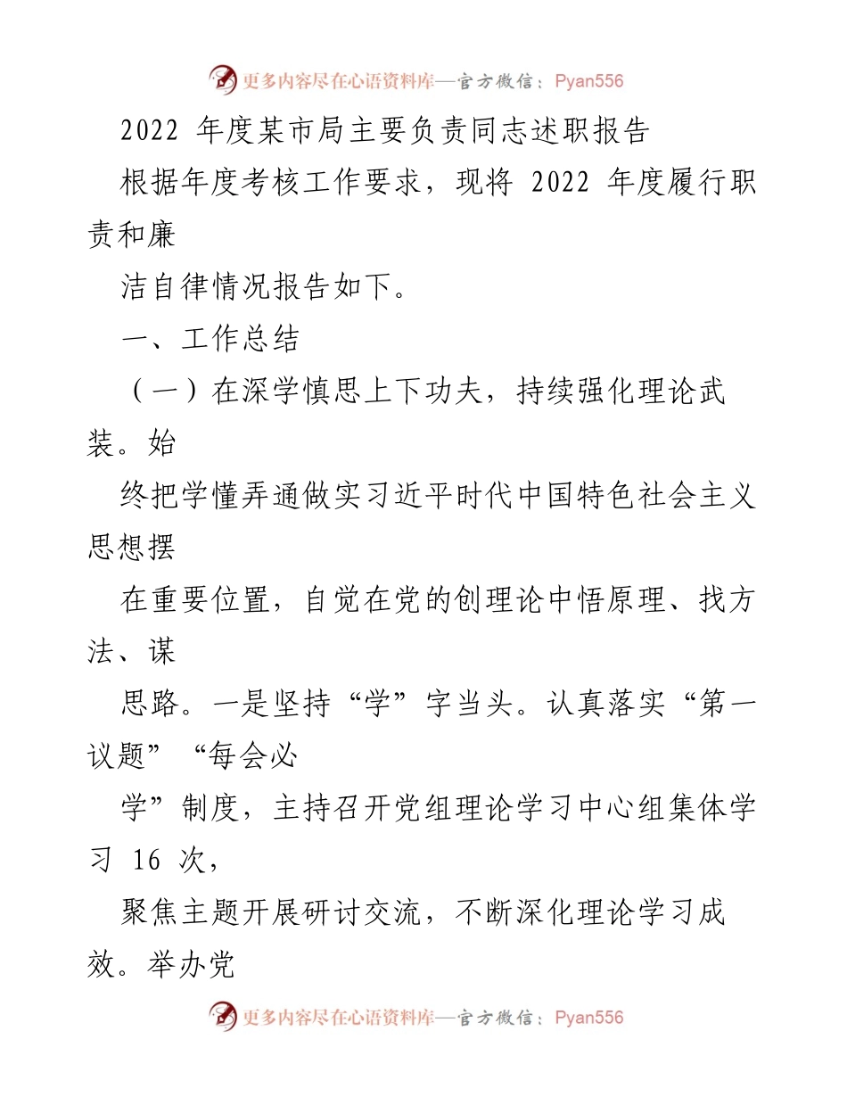 [述职报告] 年度考核 - 2022年度某市局主要负责同志述职报告.docx_第1页