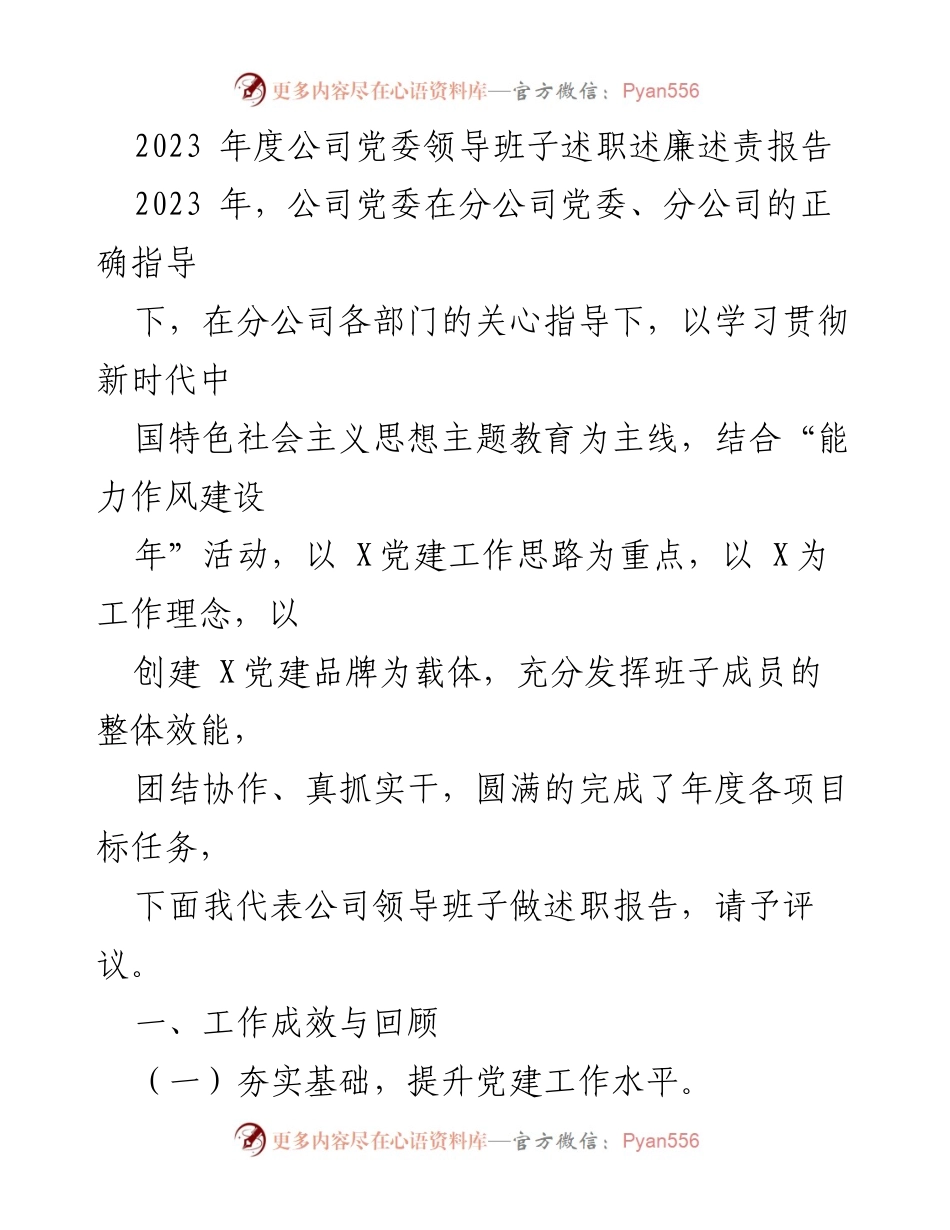 [述职报告] 年度总结 - 2023年度公司党委领导班子述职述廉述责报告.docx_第1页