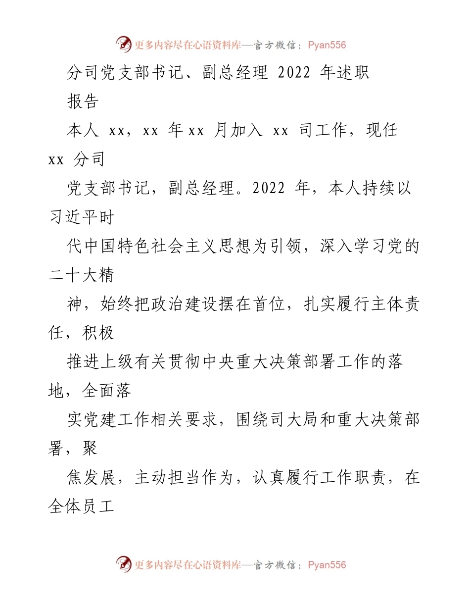 [述职报告] 年度总结 - 2022年分司党支部书记述职报告.docx_第1页