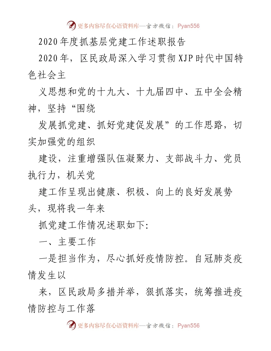 [述职报告] 年度总结 - 2020年度区民政局党建工作述职报告.docx_第1页