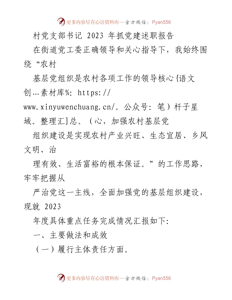 [述职报告] 村党支部 - 2023年党建工作总结与成效分析.docx_第1页