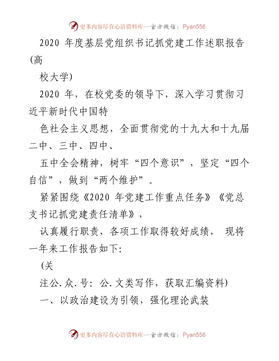 [述职报告] 高校 - 2020年度基层党组织书记抓党建工作述职报告.docx_第1页