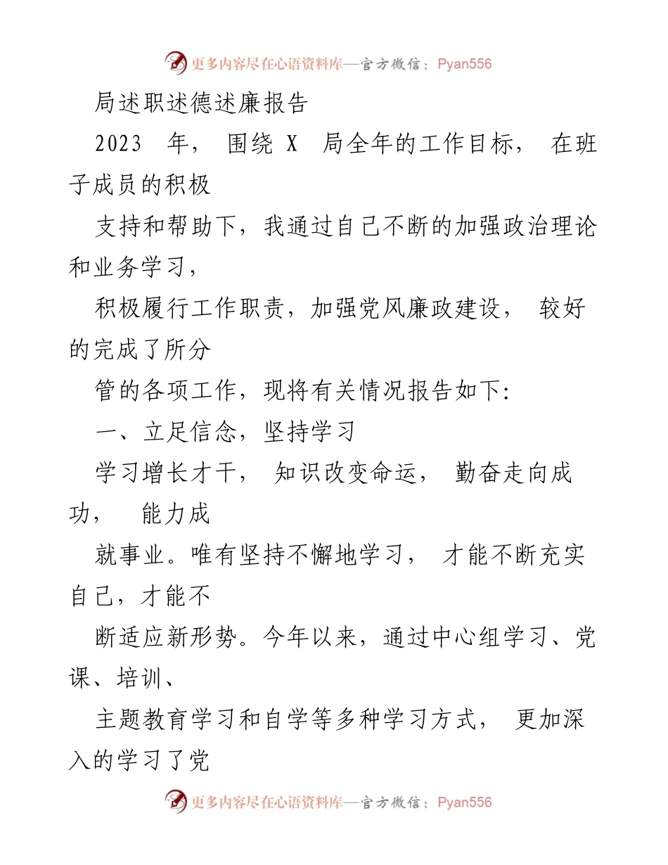 [述职报告] 年度工作总结 - 2023年X局述职述德述廉报告.docx_第1页