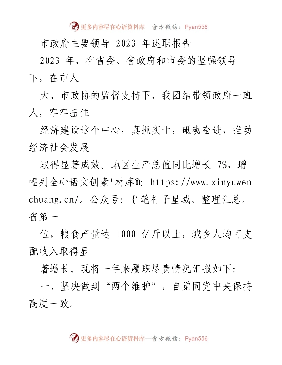 [述职报告] 市政府领导 - 2023年度市政府主要领导述职总结报告.docx_第1页