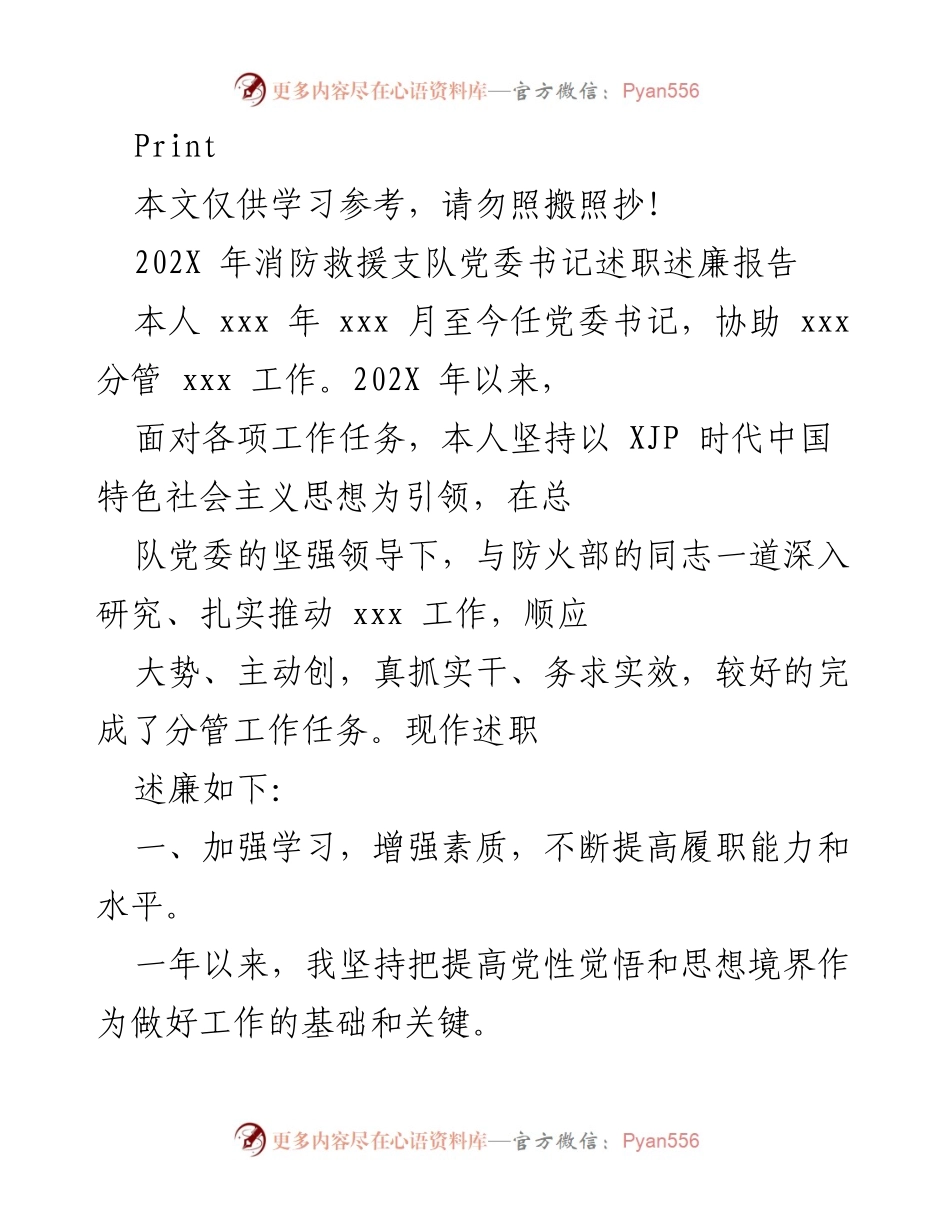 [述职报告] 消防救援支队 - 202X年消防救援支队党委书记述职述廉报告.docx_第1页