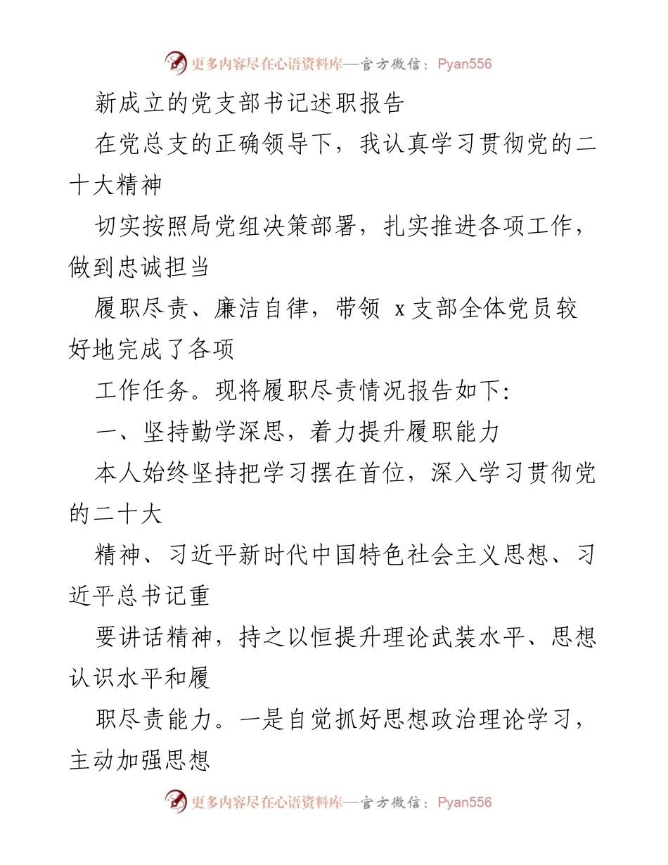 [述职报告] 新成立党支部 - 新支部书记履职情况总结.docx_第1页