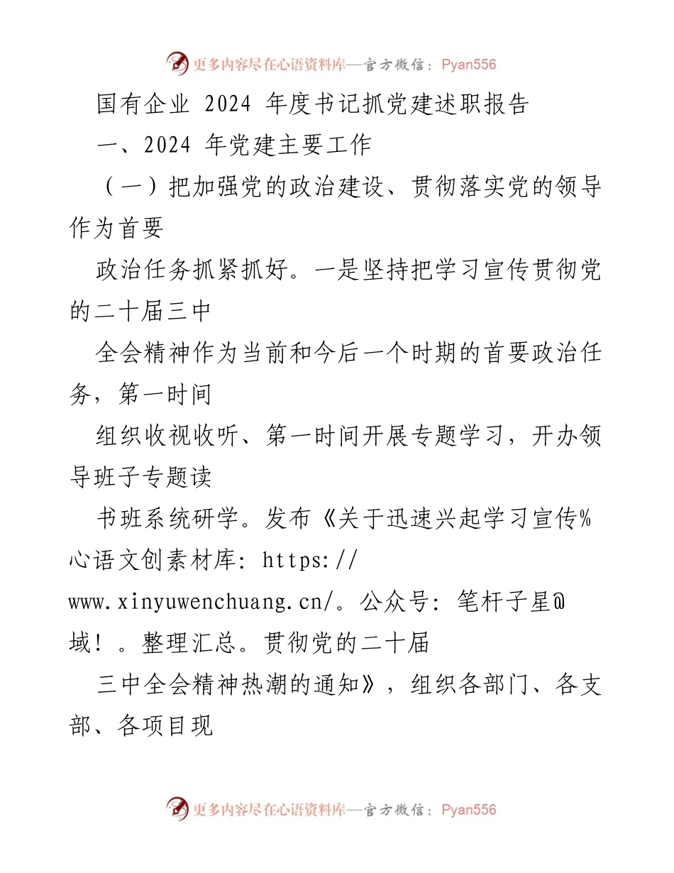[述职报告] 国有企业党建工作 - 2024年度书记抓党建述职报告.docx_第1页