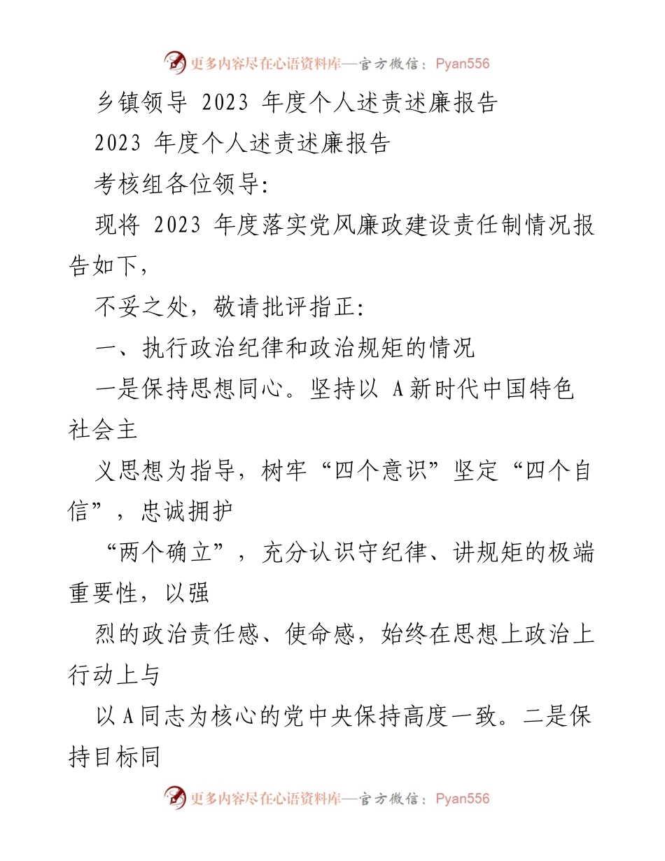 [述责述廉报告] 乡镇领导会议 - 2023年度个人述责述廉报告.docx_第1页