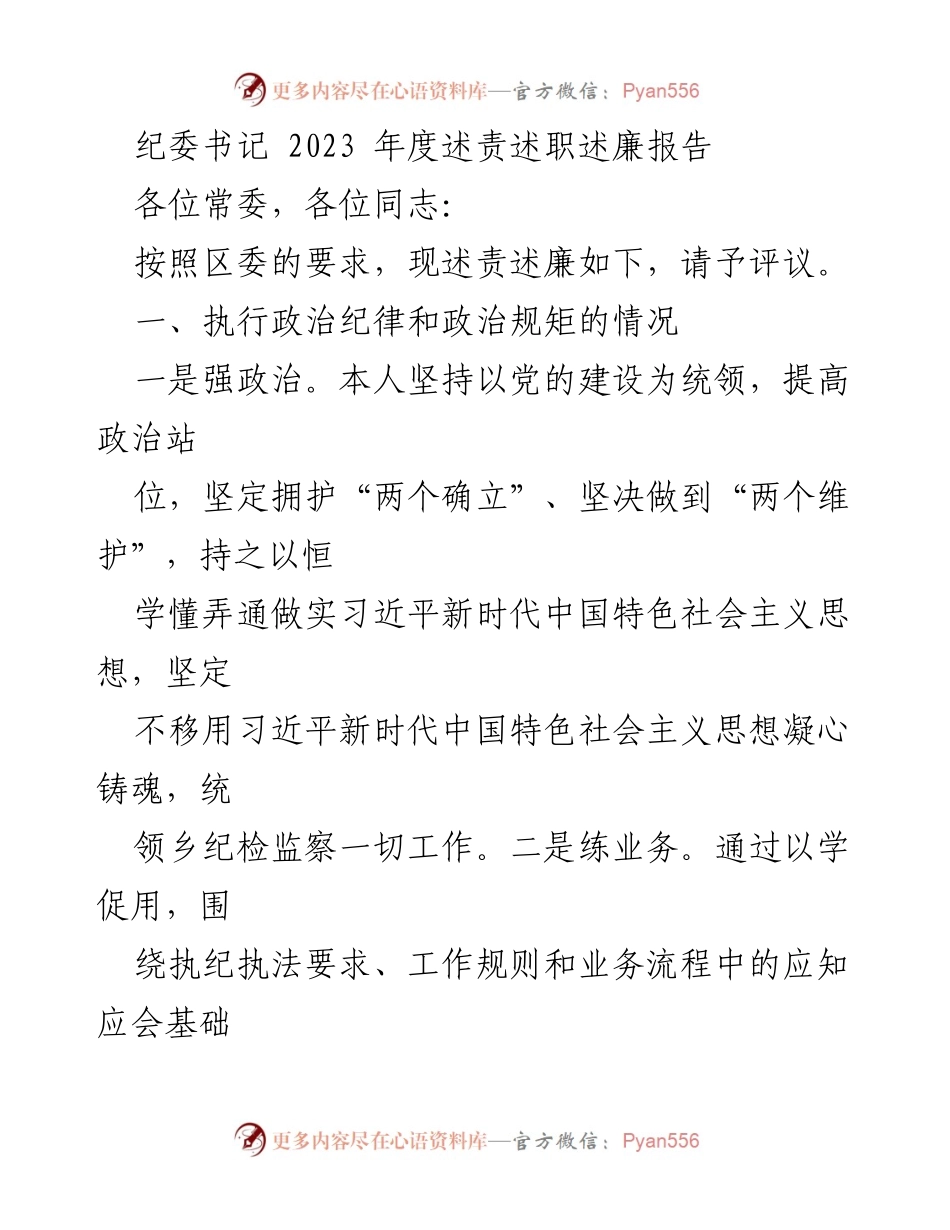 [述责述职述廉报告] 纪委书记年度总结 - 2023年纪委书记年度述责述职述廉报告.docx_第1页