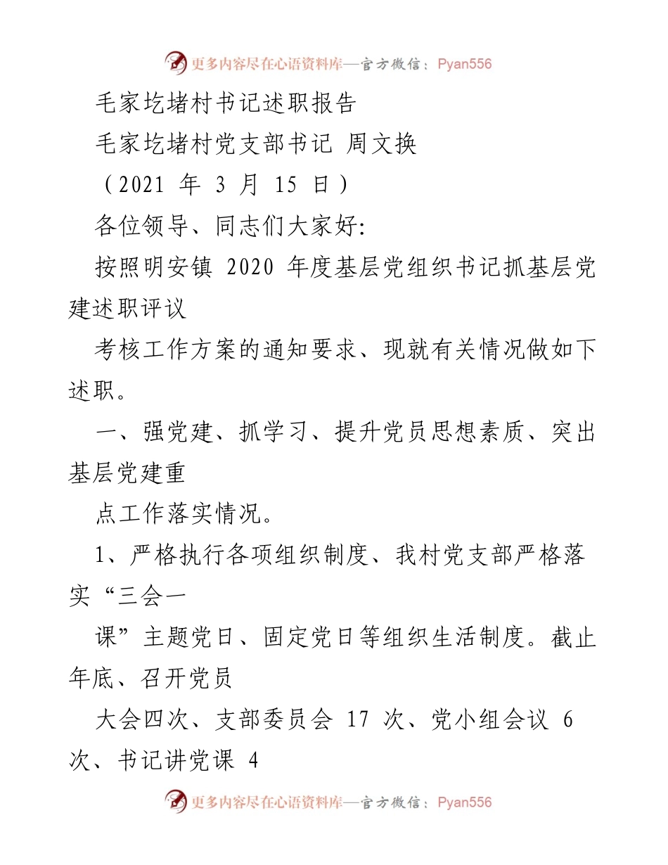 [述职报告] 基层党建 - 毛家圪堵村党支部书记述职报告.docx_第1页