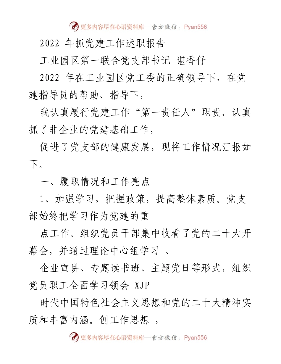 [述职报告] 工业园区党支部 - 2022年党建工作述职总结.docx_第1页