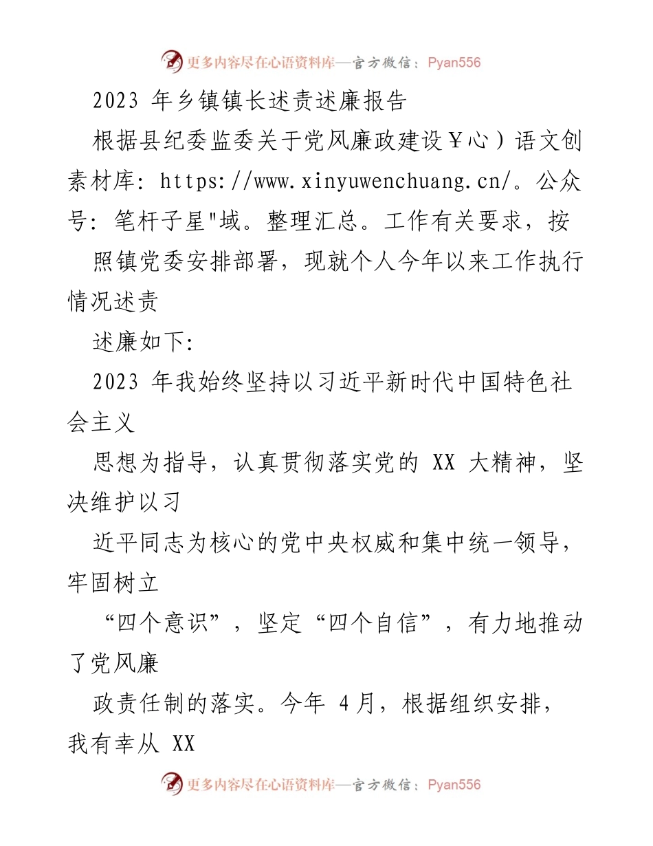 [述责述廉报告] 乡镇政府 - 2023年乡镇镇长述责述廉报告_1.docx_第1页